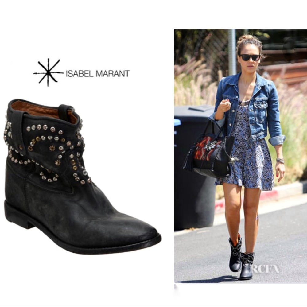 Isabel Marant Caleen studded and rhinestone  boots w/2” hidden wedge